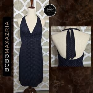BCBGMaxAzria Women's Black & Tan Polka Dot Twist Front Halter Top Dress L